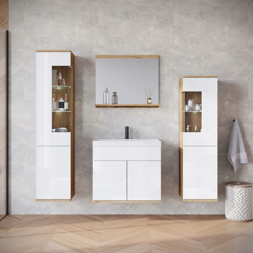 Salle De Bain Suspendue Lavabo Miroir + Verre Chêne Wotan / Blanc Brillant
