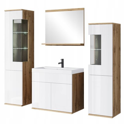 Salle De Bain Suspendue Lavabo Miroir + Verre Chêne Wotan / Blanc Brillant