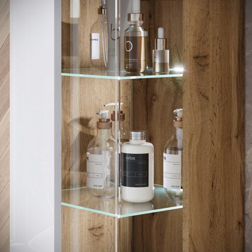 Salle De Bain Suspendue Lavabo Miroir + Verre Chêne Wotan / Blanc Brillant