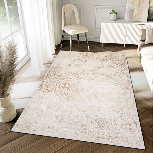 Tapis Salon Chambre Brillant Crème Beige Vintage Floral Moucheté Effet 3d 80x150 cm