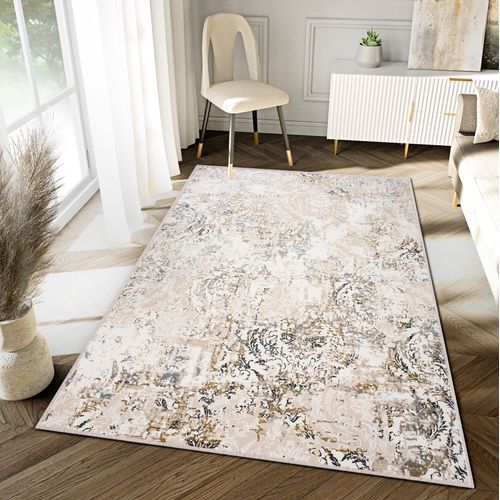 Tapis Salon Chambre Brillant Crème Beige Gris Vintage Ornamental Effet 3d 120x170 cm