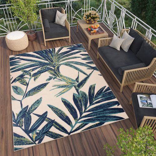 Tapis Extérieur Intérieur Bleu Vert Crème Jaune Feuilles 120x170 cm