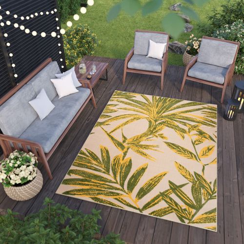 Tapis Extérieur Intérieur Vert Jaune Crème Feuilles 120x170 cm