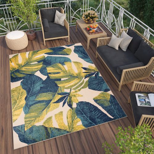 Tapis Extérieur Intérieur Vert Bleu Jaune Crème Feuilles 120x170 cm