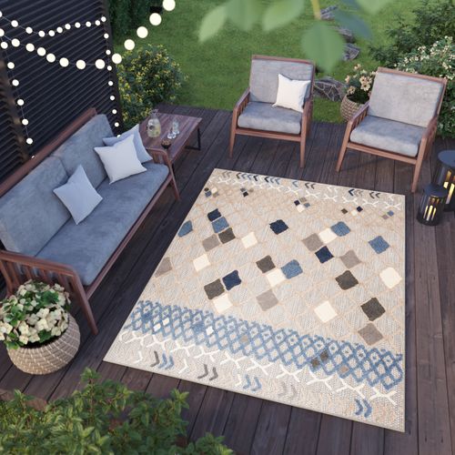 Tapis Extérieur Intérieur Bleu Gris Beige Ethno 200x300 cm