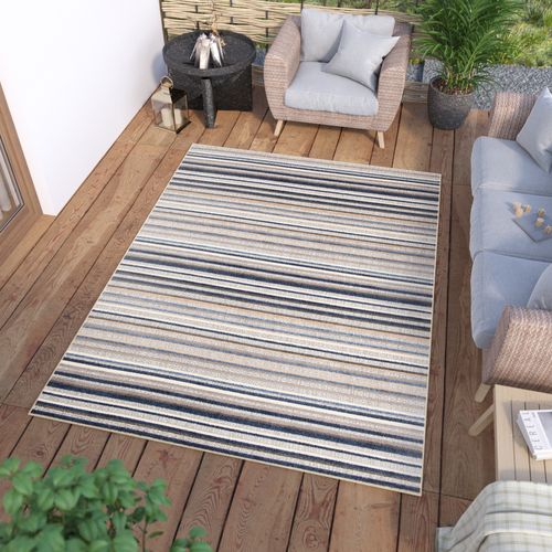 Tapis Extérieur Intérieur Bleu Beige Gris Rayures 120x170 cm