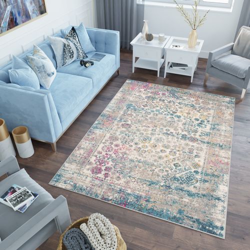Tapis Salon Chambre Bleu Gris Rouge Jaune Vintage 200 X 290 Cm Lazur