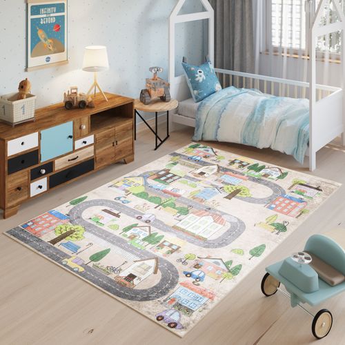Tapis Enfant Bébé Multicolore Route Ville Fin Doux 160x230 cm Emma