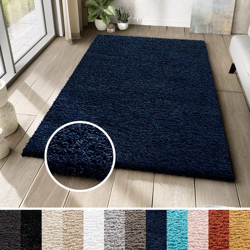 Tapis Salon Bleu Marine Uni Moelleux Poil Long Shaggy 240 X 330 Cm