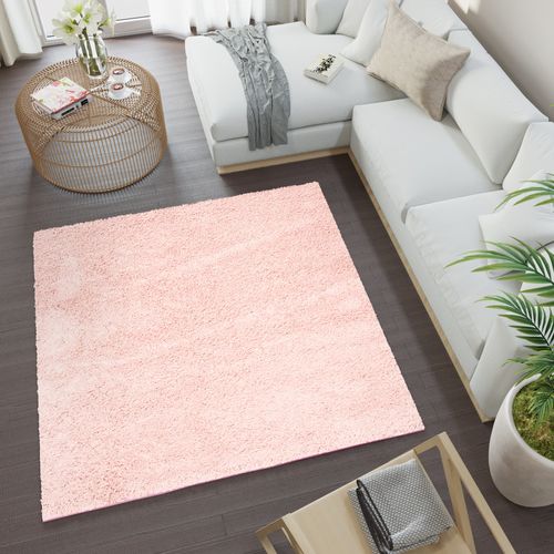 Tapis Carré Rose Unicolore Moelleux Poil Long Shaggy 200 X 200 Cm