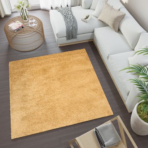 Tapis Carré Jaune Moutarde Moelleux Poil Long Shaggy 200 X 200 Cm
