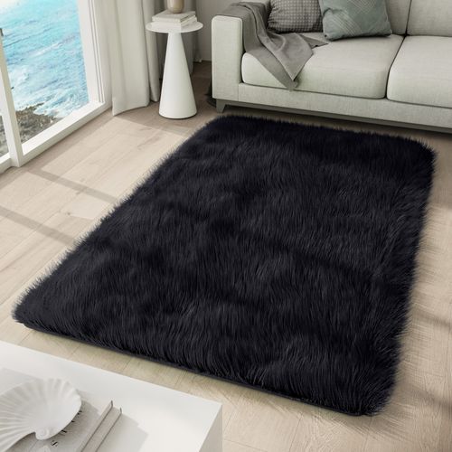 Tapis Salon Chambre Antidérapant Bébé Noir Uni Shaggy Super Doux 200x300 cm