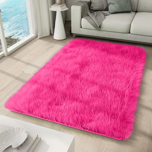 Tapis Salon Chambre Antidérapant Bébé Rose Fuchsia Uni Shaggy Super Doux Doux 120x170 cm