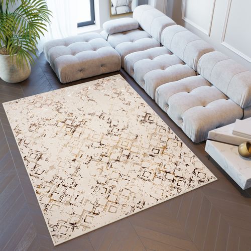 Tapis Salon Crème Or Brillant Géométrique Losanges Doux 160x230 Cm