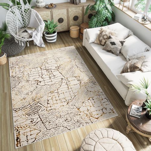 Tapis Salon Crème Beige Marron Or Patchwork Doux 120 X 170 Cm