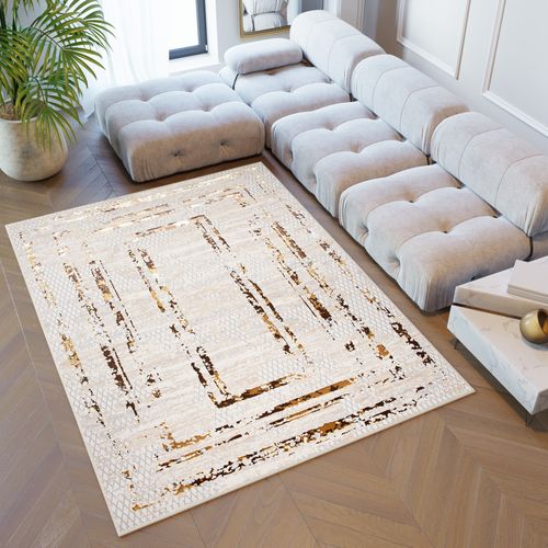 Tapis Salon Or Beige Gris Crème Marron Cadres Doux 200 X 300 Cm