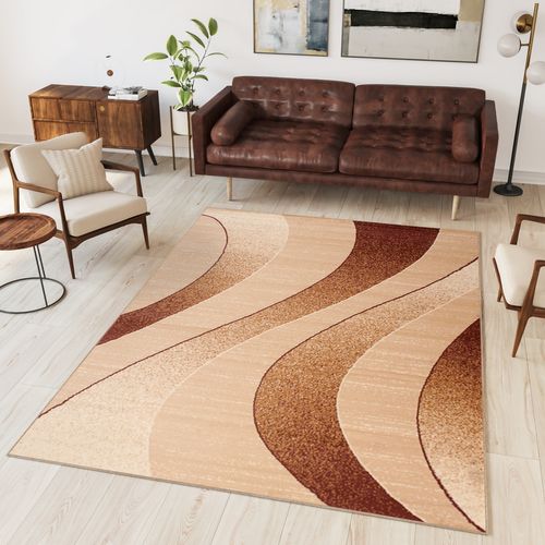 Tapis De Salon Moderne Beige Marron Vagues Fin Dream 180x250