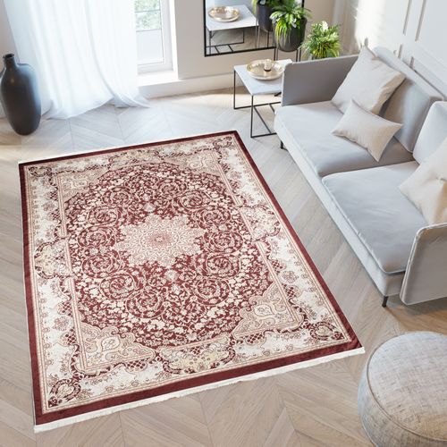 Tapis De Salon Classique Crème Marron Beige Rosette Bordure Fin Antidérapant Franges 140 X 200 Cm