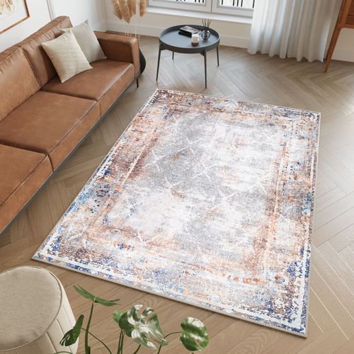 Tapis De Salon Classique Bleu Marine Cuivre Vintage Bordure Imprimé Fin Antidérapant 120 X 170 Cm