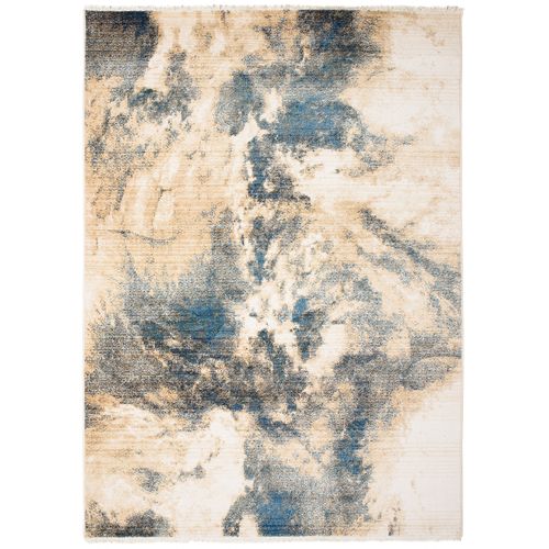 Tapis Salon Bleu Beige Crème Vert Abstrait Tacheté Franges Fin 200x305cm