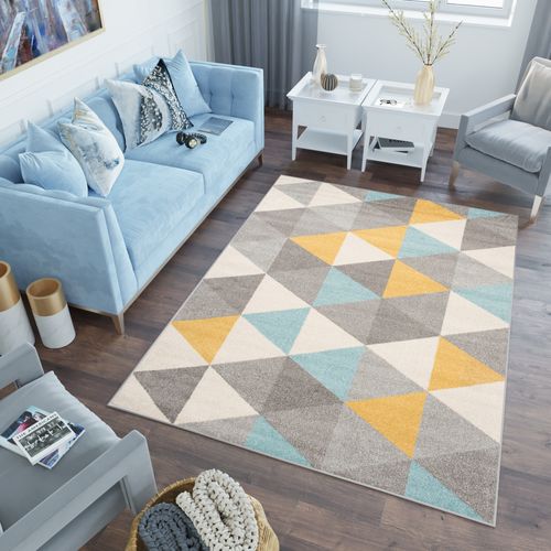 Tapis Salon Chambre Turquoise Gris Crème Jaune Triangles 80 X 150 Cm Lazur