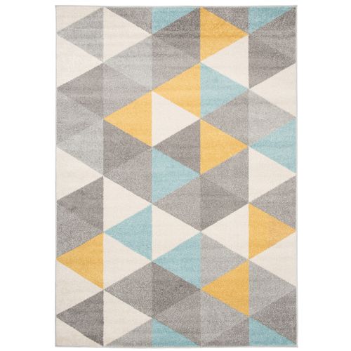 Tapis Salon Chambre Turquoise Gris Crème Jaune Triangles 80 X 150 Cm Lazur