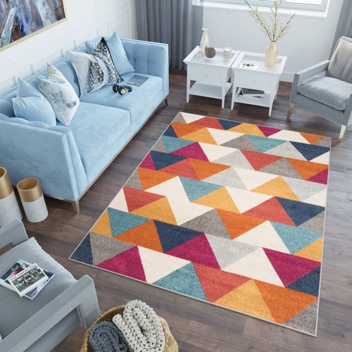Tapis Salon Chambre Turquoise Gris Crème Rose Triangles 120 X 170 Cm Lazur