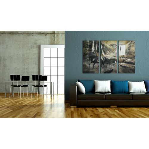 Tableau Cheval Noir Et Cascade Rocheuse 120x80 Cm