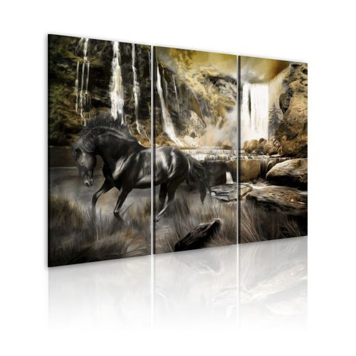 Tableau Cheval Noir Et Cascade Rocheuse 120x80 Cm