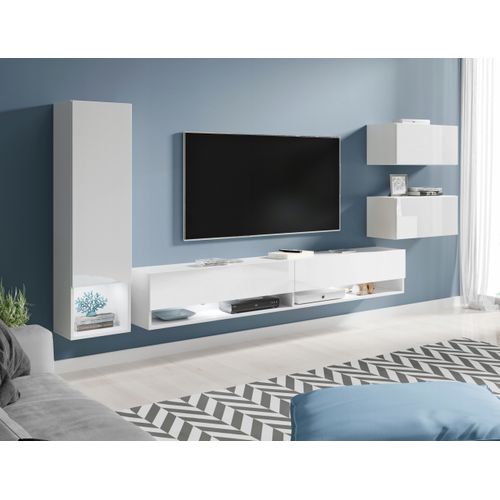 Meuble Mural TV Suspendu LED 180 Cm Colonne + Meubles Blanc Mat / Blanc Brillant