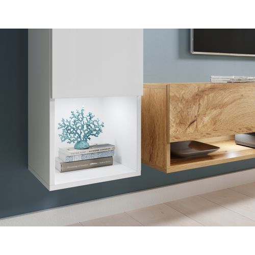 Meuble Mural TV Suspendu LED 180 Cm Colonne + Meubles Blanc Brillant / Chêne Wotan