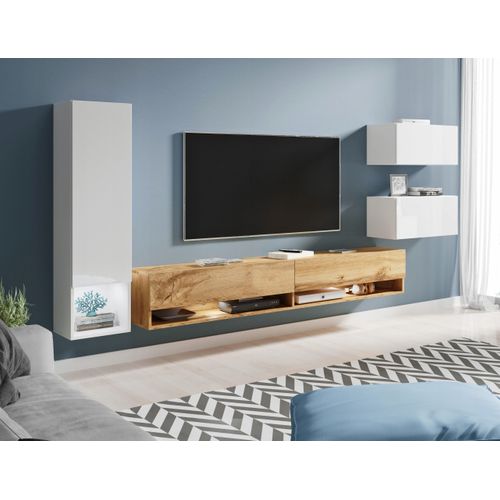 Meuble Mural TV Suspendu LED 180 Cm Colonne + Meubles Blanc Brillant / Chêne Wotan