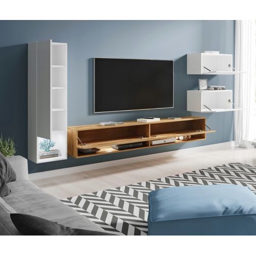 Meuble Mural TV Suspendu LED 180 Cm Colonne + Meubles Blanc Brillant / Chêne Wotan