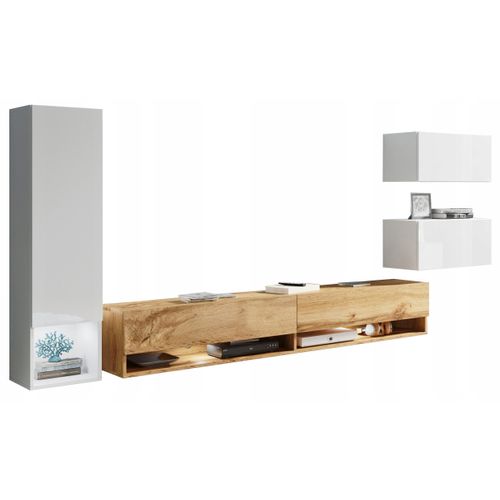 Meuble Mural TV Suspendu LED 180 Cm Colonne + Meubles Blanc Brillant / Chêne Wotan