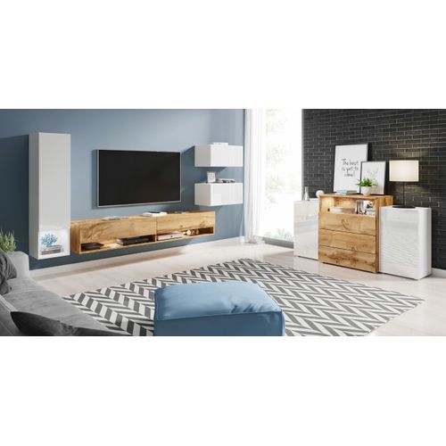 Meuble Mural TV Suspendu LED 180 Cm Colonne + Meubles Blanc Brillant / Chêne Wotan