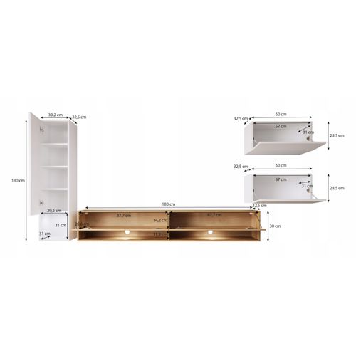 Mur TV Suspendu LED 180 Cm Colonne + Meubles Chêne Wotan