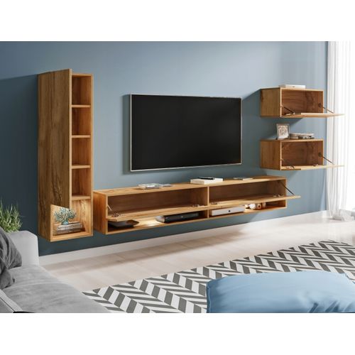 Mur TV Suspendu LED 180 Cm Colonne + Meubles Chêne Wotan