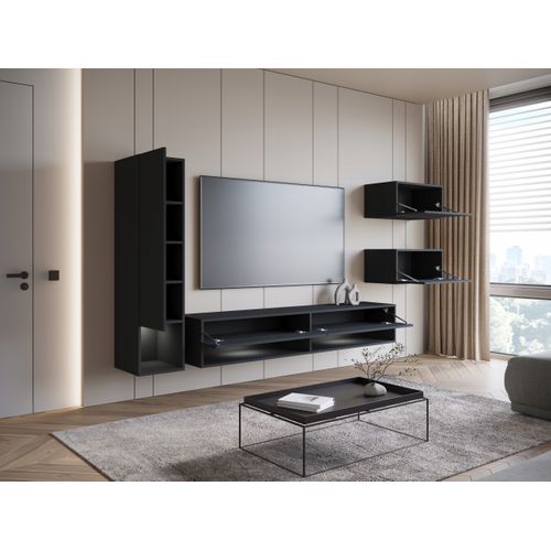 Mur TV Suspendu LED 180 Cm Colonne + Meubles Noir Mat