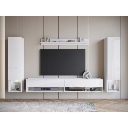 Mur TV Suspendu LED 180 Cm 2 Colonnes + Étagère Blanc Mat / Blanc Brillant