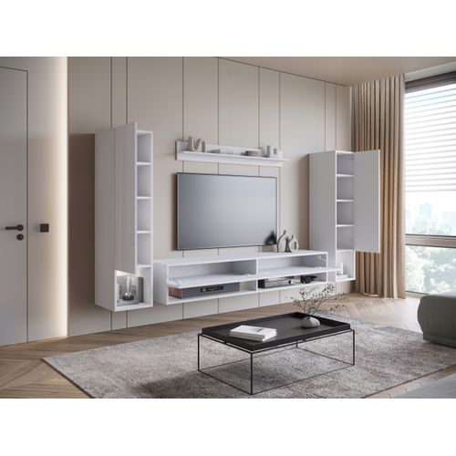 Mur TV Suspendu LED 180 Cm 2 Colonnes + Étagère Blanc Mat / Blanc Brillant