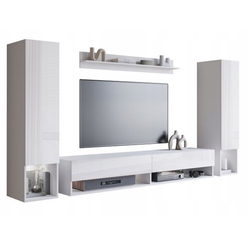 Mur TV Suspendu LED 180 Cm 2 Colonnes + Étagère Blanc Mat / Blanc Brillant