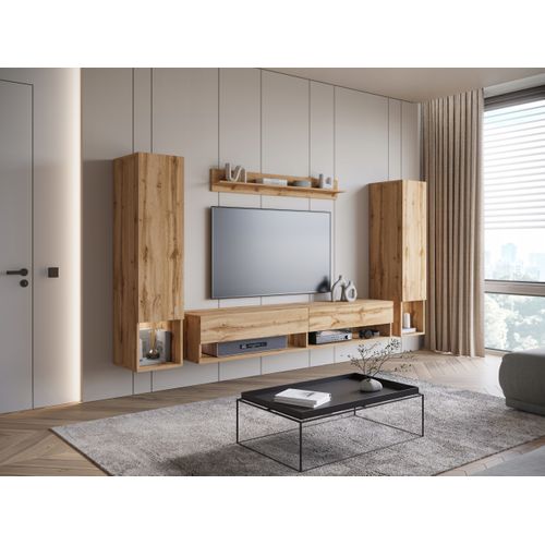 Mur TV Suspendu LED 180 Cm 2 Colonnes + Étagère Chêne Wotan