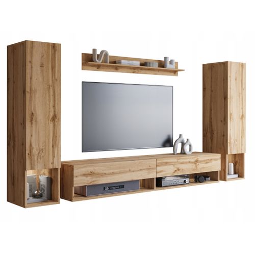 Mur TV Suspendu LED 180 Cm 2 Colonnes + Étagère Chêne Wotan