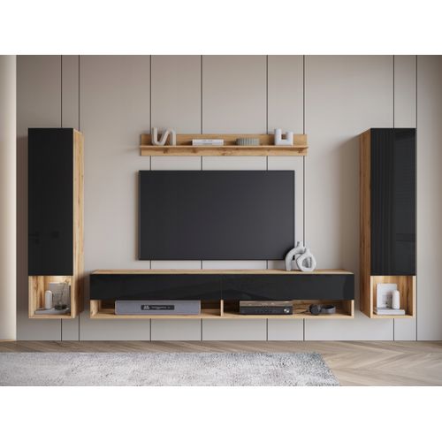 Mur TV Suspendu LED 180 Cm 2 Colonnes + Étagère Chêne Wotan / Noir Brillant