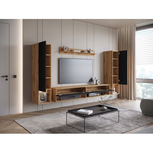 Mur TV Suspendu LED 180 Cm 2 Colonnes + Étagère Chêne Wotan / Noir Brillant