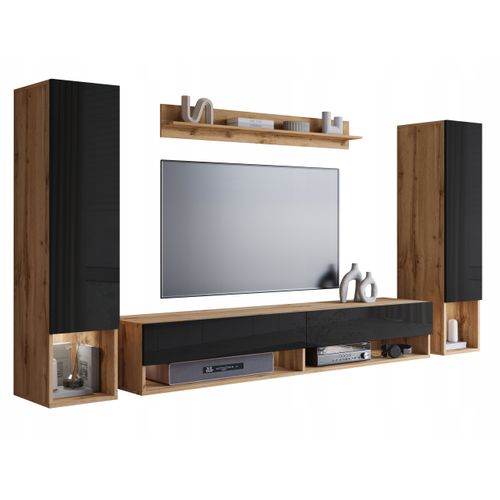 Mur TV Suspendu LED 180 Cm 2 Colonnes + Étagère Chêne Wotan / Noir Brillant