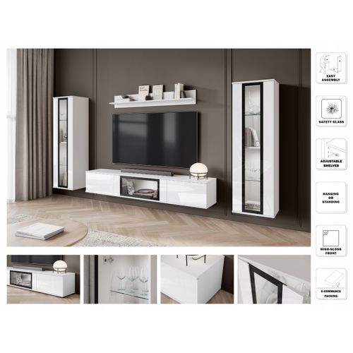 Mur TV LED 180 Cm 2 Vitrines Blanc Mat / Blanc Brillant