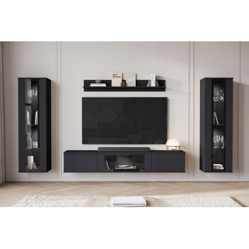 Mur TV LED 180 Cm 2 Vitrines Noir Mat
