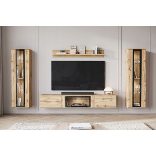 Mur TV LED 180 Cm 2 Vitrines Chêne Wotan