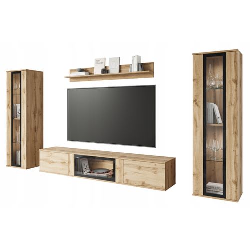 Mur TV LED 180 Cm 2 Vitrines Chêne Wotan